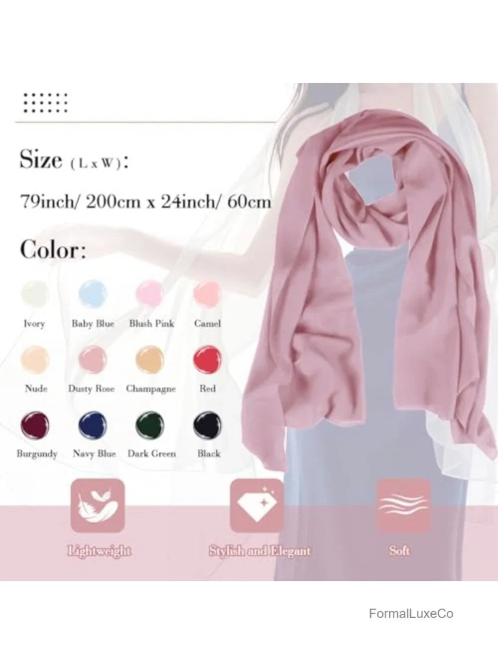 Chiffon Sheer Shawl Wrap for Evening Dresses 79x24 Lightweight
